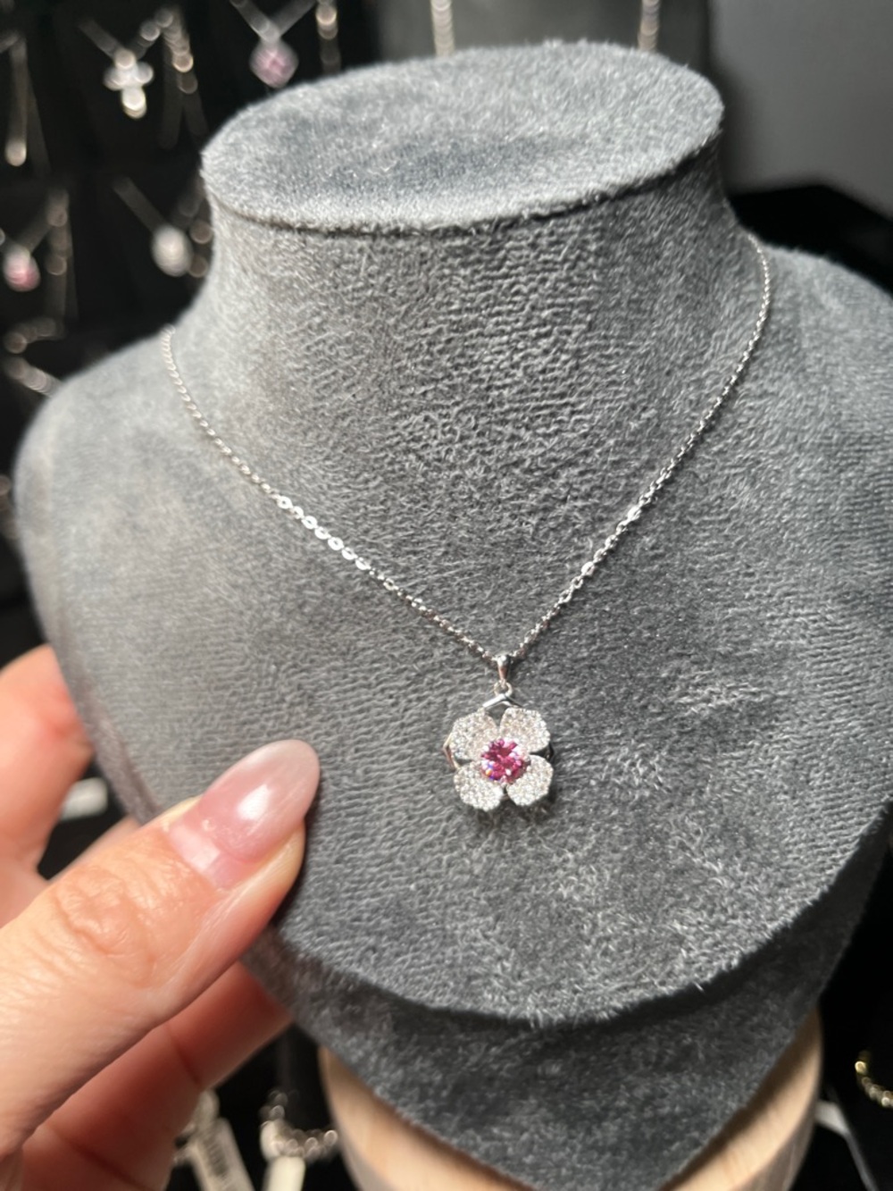 Elegant Silver Flower Pendant Necklace with Pink Center